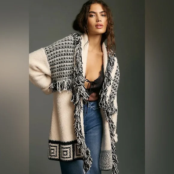 Anthropologie Pilcro Fringe Cardigan Sweater Size Cream Black Oversized - Picture 1 of 12